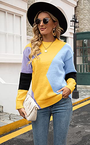 ECOWISH Women's Fall Sweater 2024 - Long Sleeve Color Block Patchwork Round Neck Pullover Knit Tops Cute Casual Sweaters4