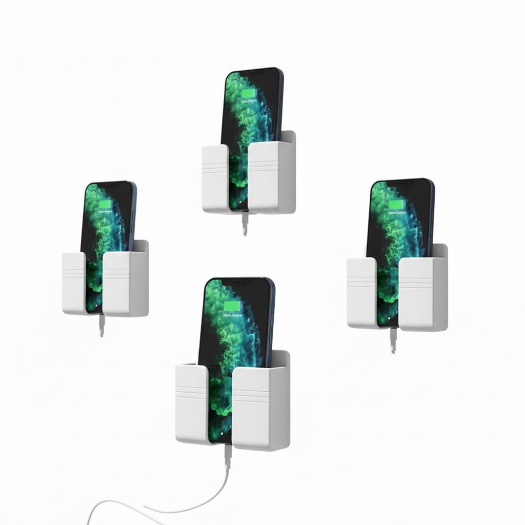 YBN 3pc Wall Mounted Mobile Holder & Storage Case for Remote with Charging Port, Multi-Purpose Wall Stand for Phones, Tablets & Electronics – White-image-46