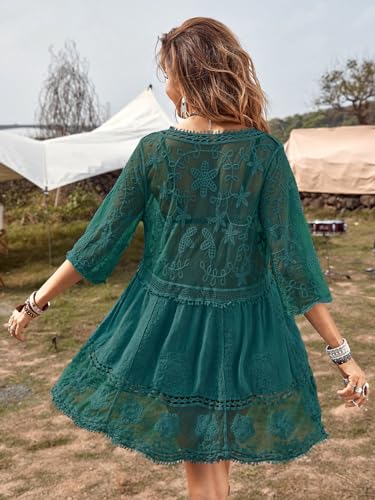 Image of Eomenie Women's Contrast Lace Bathing Suit Cover Up V-Neck Swimsuit Coverups Loose Swimwear Beach Dress Beachwear Navy Blue