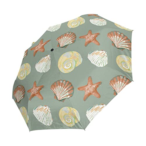 Acpiggto Folding Umbrella Green Beige Starfish Conch Seashells Ocean Sea Mediterranean Travel Sun Rain Compact Umbrella Parasol Outdoor Auto For Kids Girl Boy Women Men #TOP1