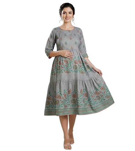 Image of DUMMY SHAPE Feeding Kurtis for Women Cotton Blend | Printed Pregnancy Flare Kurta with Dual Nursing Zippers to Pre & Post Partum | Maternity Dresses | Gifts for Pregnant Woman