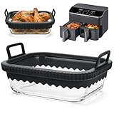Auflaufform Airfryer Ninja mit Silikongriffen für Ninja Cosori Philips, Airfryer Glasbehälter Hitzebeständig Kraztfest Spülmaschinenfest, Herausnehmbarer Silikonring Auflaufform für Heißluftfritteuse