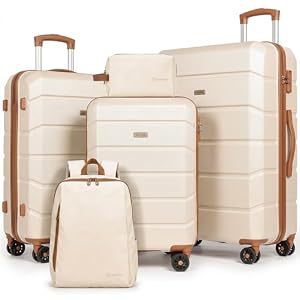 H.yeed 5 Piece Luggage Sets, Travel Suitcase with 4 Spinner Wheels and TSA Lock, ABS Hard Shell Suitcase Sets, 21’’+24’’+28’’ Luggage with Travel Backpack&Toiletry Bag for Family Travel-Beige