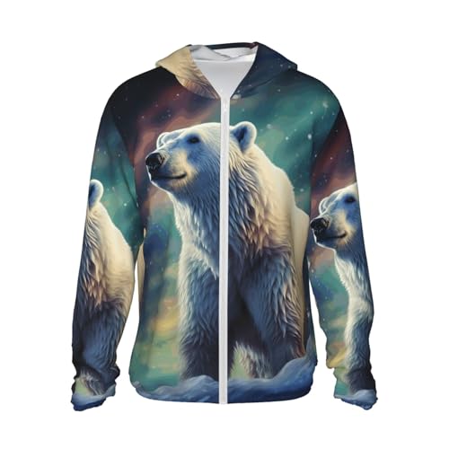 UPF 50+ Sun Protection Hoodie Long Sleeve Northern Lights Polar Bear Sun Shirt Rash Guard Fishing Shirts for Men
