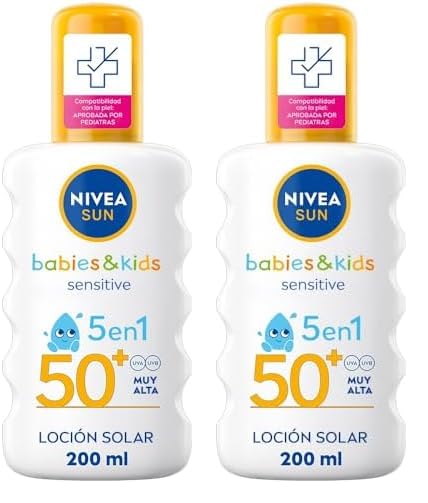 NIVEA SUN Babies & Kids Sensitive Spray Solar FP50+ (1 x 200 ml), protector solar para niños, protección solar muy alta, crema solar para bebés para reducir el riesgo de alergias solares