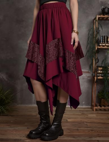 Yimoon Womens Renaissance Skirt Lace Tiered Asymmetrical Flowy Fairy Long Skirt High Waist Gothic Midi Skirts2