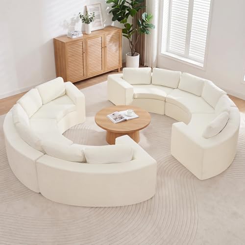 HUBSON 142'' Modular Curved Sofa, Round Oversized Sectional 12 Seaters Couch, Circular Boneless Couch with Deep Seat & Armrest, Chenille Half Moon Sofa for Living Room, Beige