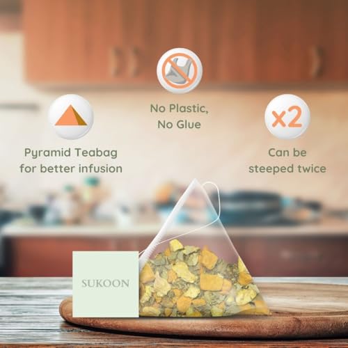 Image of Sukoon, Organic Turmeric Ginger Tea - 100 Teabags (2g Each) - No Caffeine, No Sugar - 100% Natural Turmeric Tea Bags - Te de curcuma - Sourced From Himalayas