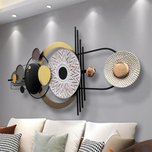 Decoración de pared de metal de 59' x 22', arte de pared de metal grande, negro y dorado, arte de pared geométrico abstracto creativo moderno, arte de pared circular, esculturas colgantes pared