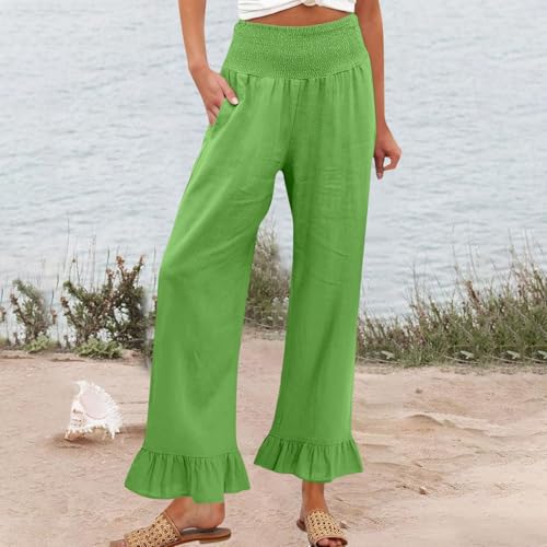 Image of Palazzo Pants for Women Linen Smocked Elastic Waist Ruffle Wide Leg Pants Summer Beach Flowy Boho Pant with Pockets