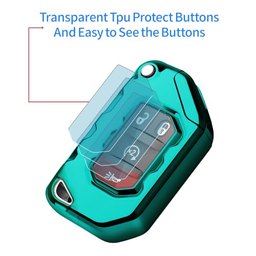 Image of Compatible with Jeep Key Fob Cover with Leather Keychain Soft TPU Protection Key Case for 2018-2026 Wrangler JL JLU Rubicon Wagoneer Gladiator JT Sahara JLU Remote Key (Green)