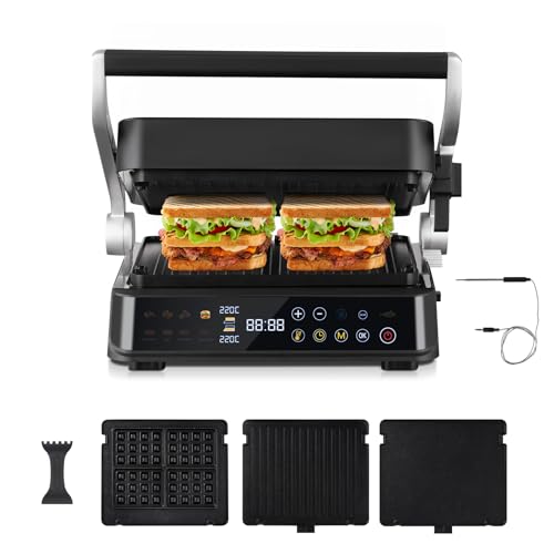 AMZCHEF 6-in-1 Health Grill & Griddle with 180° Adjustable Plates, GrillBoost (280°C) – Indoor Grill, 4 Non-Stick Plates for Steaks & More – 2000W, Dishwasher Safe