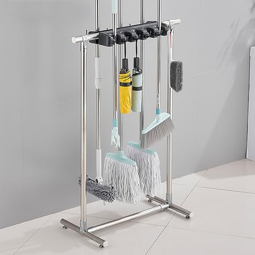 Heavy Duty Metal Mop and Broom Holder - Multifunctional Cleaning Cart and Tool Organizer for Garage, Garden, Schools, Hospitals, Hotels, and Factories