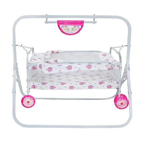 Image of BABYBLESSING Baby Cradle with Swing and Mosquito Net | with 4 Wheels | Foldable & Movable | Sturdy and Safe | Durable | Jhulla | Palna | Easy to use | Pink