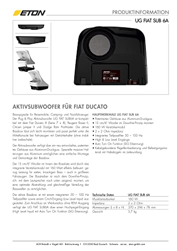 ETON UG FIAT SUB 6A – Aktivsubwoofer kompatibel mit FIAT Ducato III (auch Serie 8), aktive Bassbox bestückt mit 15 cm / 6“ Woofer und 160 Watt Verstärker, Plug & Play Einbau