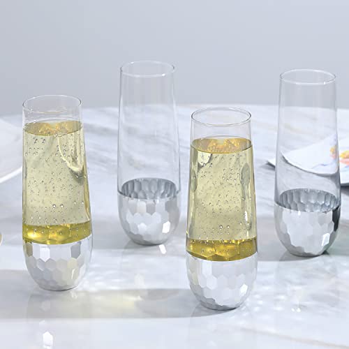 Mygift Modern Stemless Champagne Flute Glass Set Of 4 Party Drinkware, Cocktails Prosecco Mimosa Glasses With Hammered Silver Plated Bottoms #TOP2
