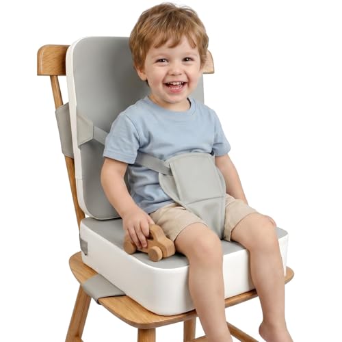 Image of Booster Seat for Kitchen Chair for Toddlers | Toddler Booster Seat for Dining Table with Backrest & Adjustable Straps, Non-Slip Portable Travel Cushion, Gray White