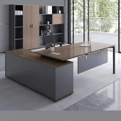 Image of TEKAVO ProNook L Shaped Executive Table with Storage, Director Office Table I Brown & Dark Grey Wood, Metal (180 Cm x 160 Cm x 75 Cm) - DIY