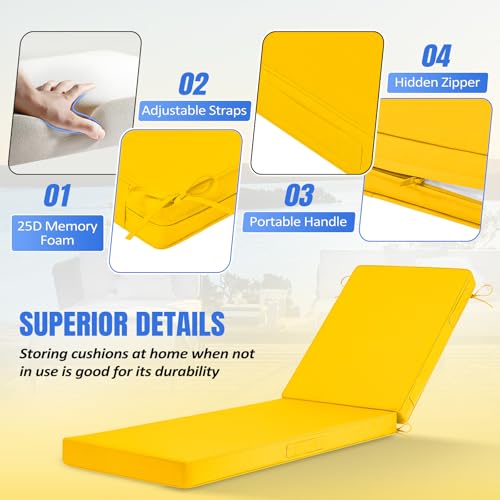 Basic Beyond Chaise Lounge Cushions Outdoor, 3-Layer Waterproof Outdoor Furniture Cushions with Removable Cover and 4 Ties, 72"x21"x3" Patio Lounge Chair Cushions for Outdoor Furniture, Yellow by Basic Beyond - Used condition - Image 3
