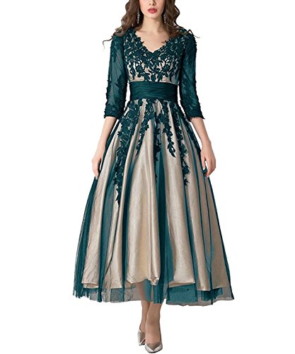 FNKS CRAFT Women s Tulle Prom Evening Dress Lace Tea-Length Ball Gowns Wedding Dress (Teal & Champagne, US8)