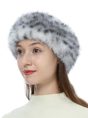 LA CARRIE Faux Fur Headband with Stretch Women's Winter Earwarmer Earmuff(Gray Leopard Printed)