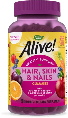 Nature’s Way Alive! Hair, Skin & Nails Gummies, Collagen & Biotin, Antioxidant Vitamins C & E, Strawberry Flavored, 60 Gummies #TOP4