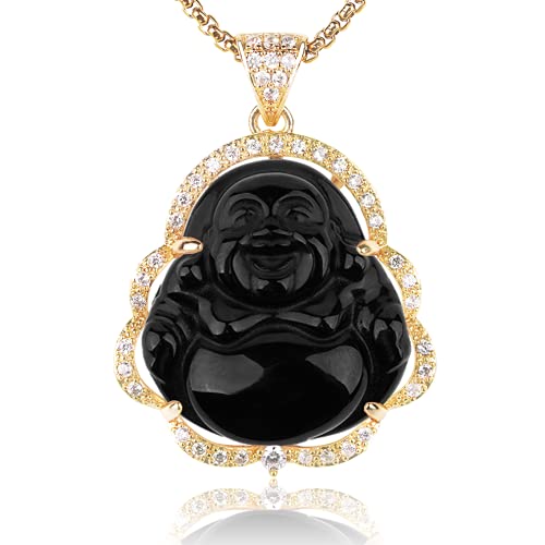 Image of ASGIFT Laughing Buddha Necklace Cubic Zirconia Green Jade Buddha Pendant with 18K Gold Plated Chain Lucky Buddha Necklace Jewelry Gift