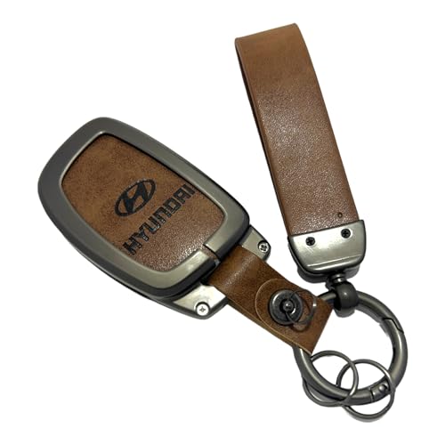 Image of Zinc Metal Alloy Leather Car Key Cover & Case Brown with Keychain fit for Hyundai Creta, Exter, I10 Grand Nios, I20 Elite, I20 (2020), Aura, Venue, I20 Active, Xcent (3 BT Flip Key)