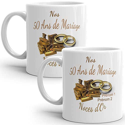 Mug duo 50 ans noces d'Or personnalisable anniversaire mariage 2 prénoms tasse Idée Cadeau Originale Famille couple mari femme noel fete époux épouse
