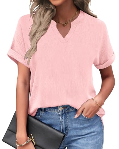 PYGFEMR Womens Summer Tops Short Sleeve V Neck Casual T-Shirts 2025 Business Dressy Ladies Trendy Shirt Light Pink XL