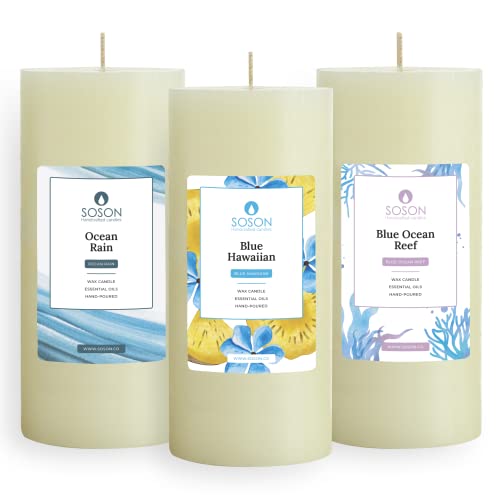 Simply Soson 3X6 Inch Ivory Textured Rustic Pillar Scented Candles 3 Pack - Ocean Rain | Blue Hawaiian | Blue Ocean Reef | Home Decor Candle #TOP10