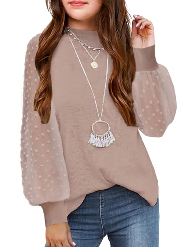Image of Arshiner Girls Puff Long Sleeve Sweaters Crewneck Lace Polka Dot Casual Knit Tops Pullover Jumper Outwear for Kids