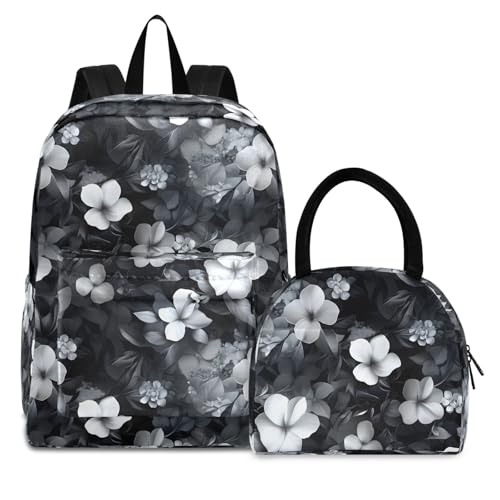 Backpack Lunch Bag Set White Black Floral Print, Big Storage Travel Backpacks with Insulated Lunch Box for Office Hiking Picnic