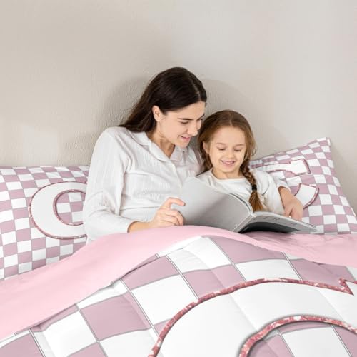 Image of Erosebridal Pink Initial C Bedding Set Full Kawaii Plaid Checkered Comforter Set for Kids Girls Teen Women Cute Personalized Monogram Down Comforter,Fashion Grids Gingham Quilt Duvet