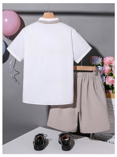 Image of Verdusa Boy's 2 Piece Outfit Casual Short Sleeve Button Up Shirt and Short Sets White Brown 11Y