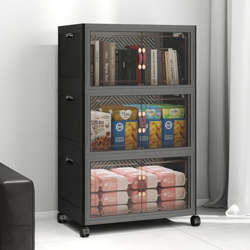 Image of UAMFURI Stackable Storage Bins with Lids, 144QT Lockable Storage Cabinet | Closet Organizers, Foldable Storage Box with Doors and Wheels, Plastic Drawers for Home, Garage, Office (3, Black, Medium)