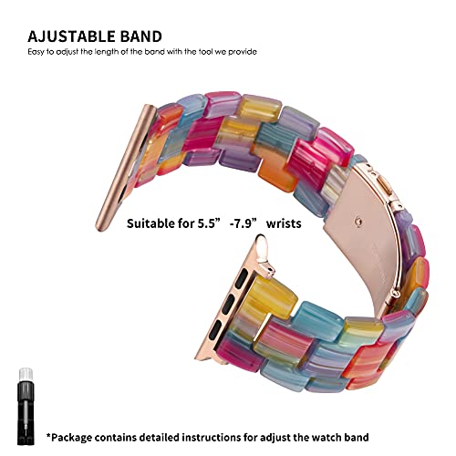 HOPO Compatible With Apple Watch Band 38mm 40mm 42mm 44mm Thin Light Resin Strap Bracelet With Stainless Steel Buckle Replacement For iWatch Series 8 7 6 5 4 3 2 1 SE (Rainbow/Rose Gold,38/40/41mm) - Thumbnail 6