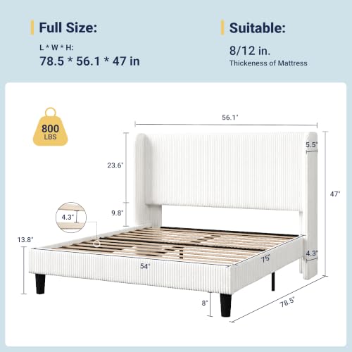 Image of Allewie Full Size Platform Bed with Corduroy Wingback Headboard, White | 800 lb Capacity, Corduroy Wingback Headboard, Vertical Channel Design, Wood Slat Support, No Box Spring Needed, Easy Assembly