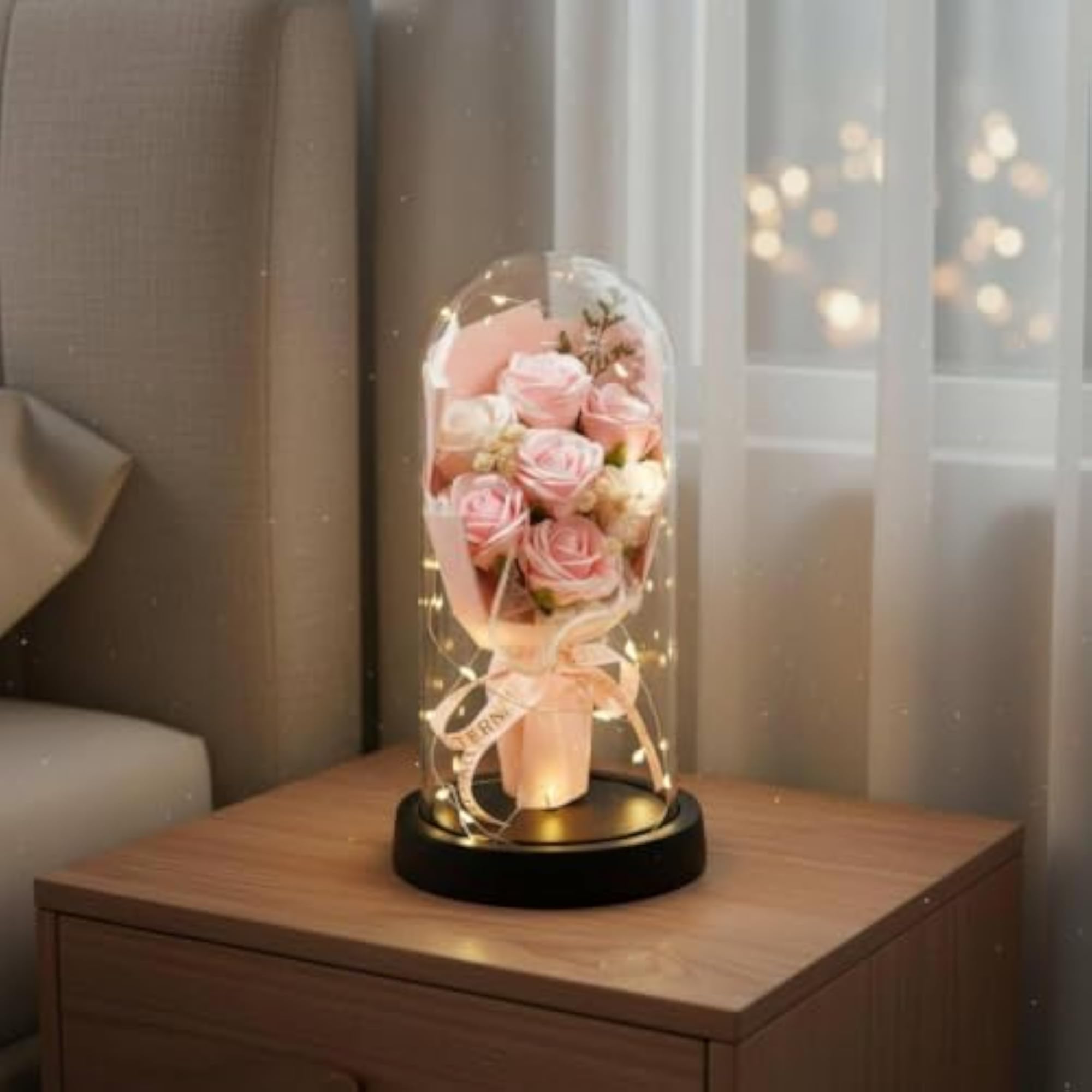 Protected Rose Glass Cloche Gift for Valentine's Day, Lighted Arrangement