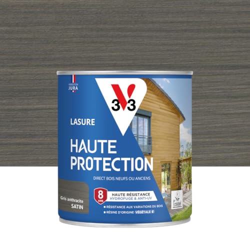 V33 Lasure Bois extérieur Gris anthracite satin - Haute Protection 8 ans - Haute résistance hydrofuge et anti-UV - Résiste aux variations du bois - Ecolabel, résine d'origine végétale - 0,75L