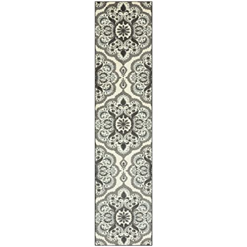 Maples Rugs Vivian Medallion Runner Rug - Made in USA - Washable, Non Slip, Indoor Carpet for Hallway, Kitchen, and Laundry Room, 2' x 10', Grey