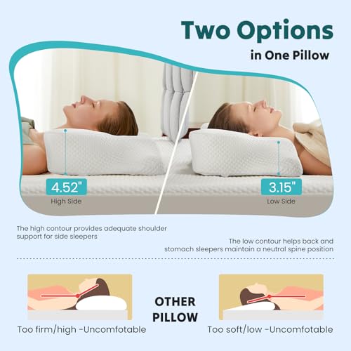 Image of DUMOS Cervical Neck Pillow, Cooling Ergonomic Memory Foam Pillows for Neck Pain Relief with Breathable Pillowcase, Dual Height Orthopedic Support Contour Pillow for Side, Stomach Sleepers, White