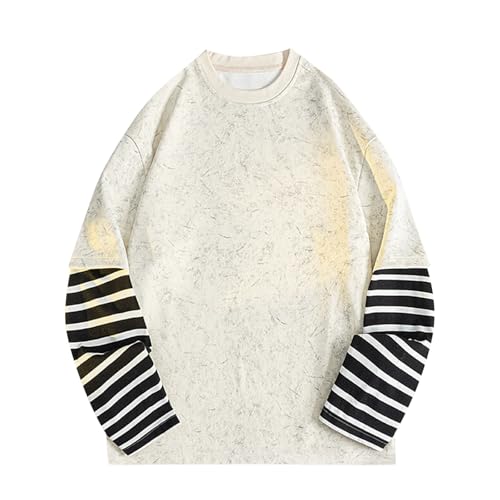 Men's Casual Round Neck Pullover Fake Two-Piece Striped Patchwork Shirts Fashion Y2K Comforable Pullover Sweatshirt