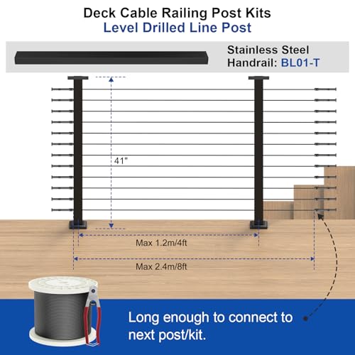 Image of BLIKA 4FT-8FT Complete Set 42 inch Cable Railing Post Kit, Black Level Drilled Cable Railing Post, Swageless Cable Railing System Include 2Pack Level Posts, 1 /8 inch 100FT Stainless Steel Cable(No Handrail)