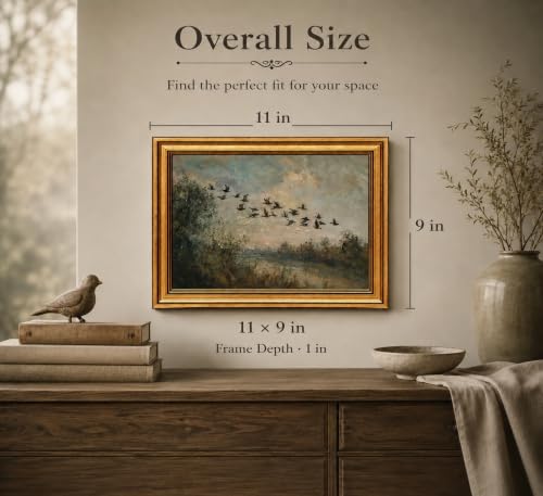 Image of Gold Framed 3D Textured Wall Art, Vintage Misty Lake Forest Flying Duck Canvas Prints, Nature Landscape Flock of birds Pictures Decor, Rustic Farmhouse Wildlife Artwork for Living Room Bedroom 9x11in