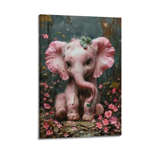 Impression sur toile éléphant fleurs cadre bois salon