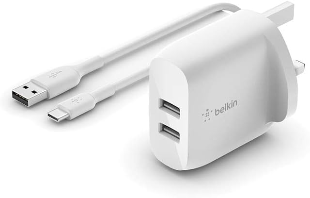 Belkin Boost Charge Dual USB-A Wall Charger 24 W + USB-A to USB-C Cable (USB Wall Charger for Samsung, Pixel, iPad Pro, More)