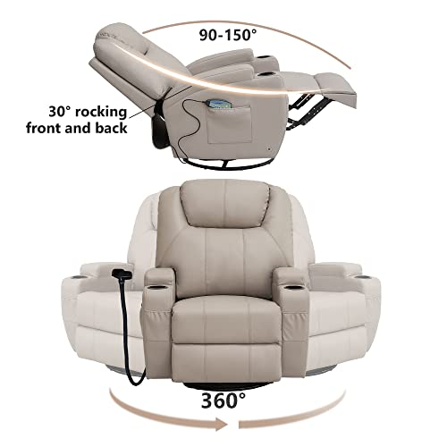 Gnmlp2020 Swivel Rocker Recliner Chair With 360° Swivel, Breathable Air Leather Rocker Recliner With Massage Function, Side Pockets And 2 Cup Holders, Suitable For Living Room, Bedroom - Grey #TOP2
