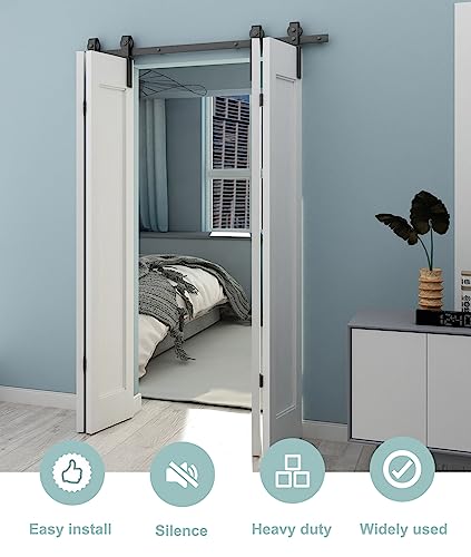 Jubest 68" Bi-Folding Sliding Barn Door Hardware Track Kit, Heavy Duty Side Mounted Black Roller For 4 Doors, Smoothly & Quietly, Ease Install (No Door Included) #TOP3