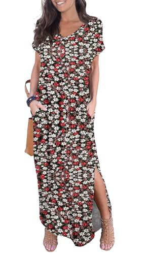 Image of GRECERELLE Women's Summer Maxi Dress Casual Loose V Neck Short Sleeve Side Split Long Dresses with Functional Pockets